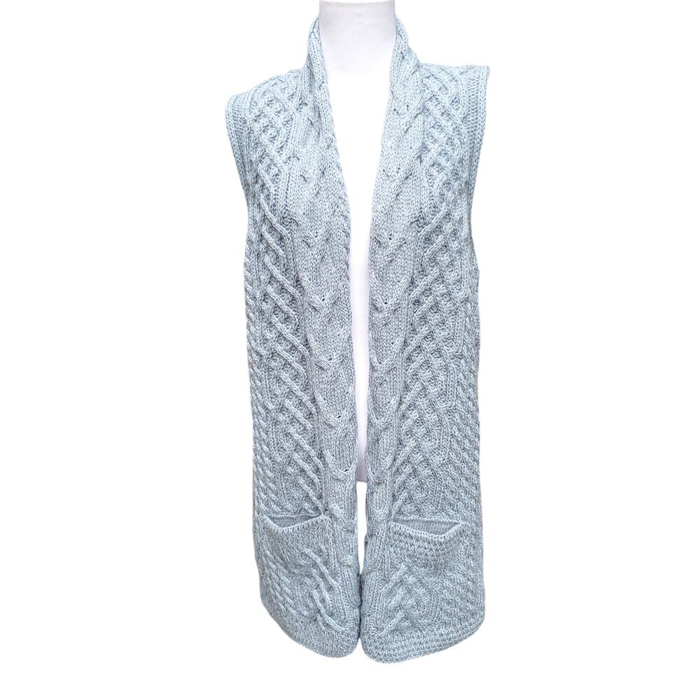 Kilronan Knitwear Blue Green Irish Wool Cable Knit Sweater Vest Cardigan Sz S